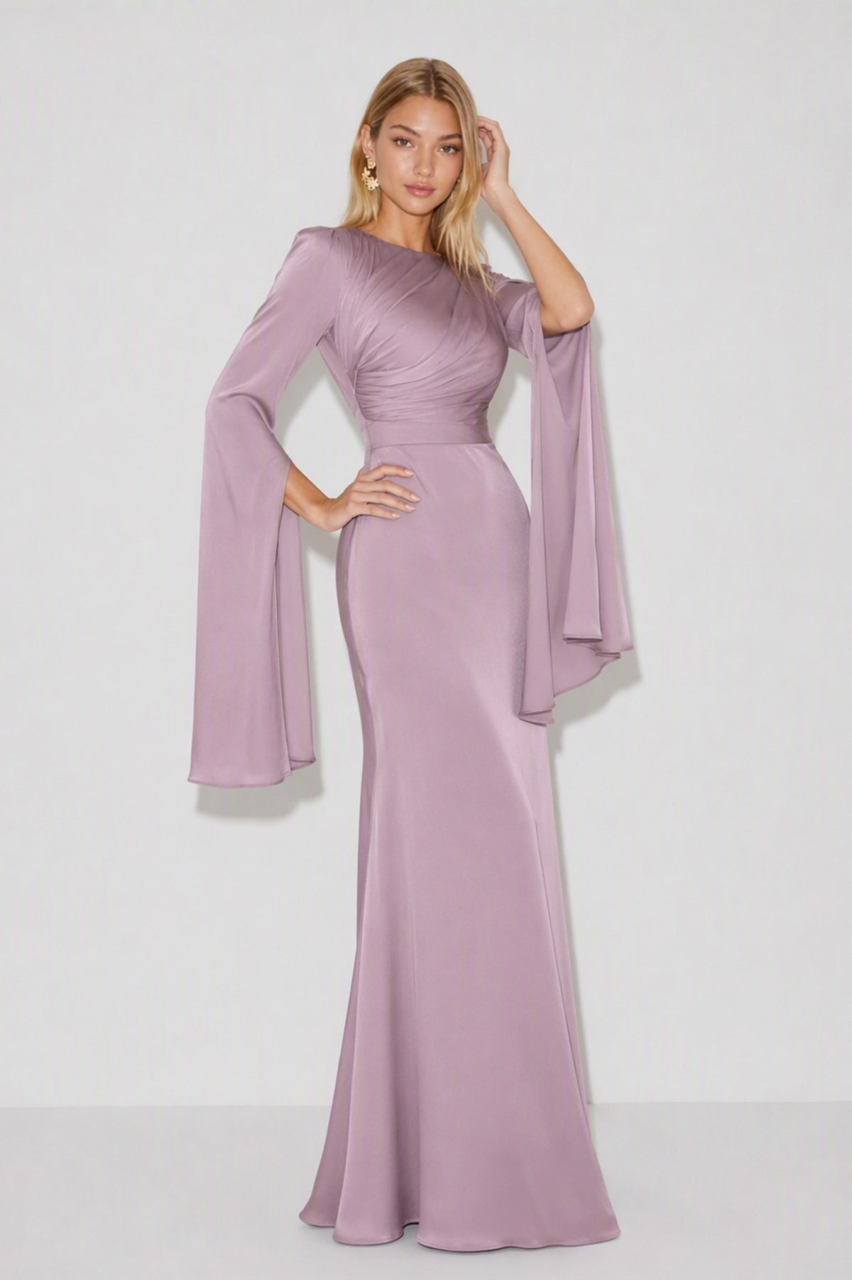 Ruched Cape Sleeve Maxi Dress