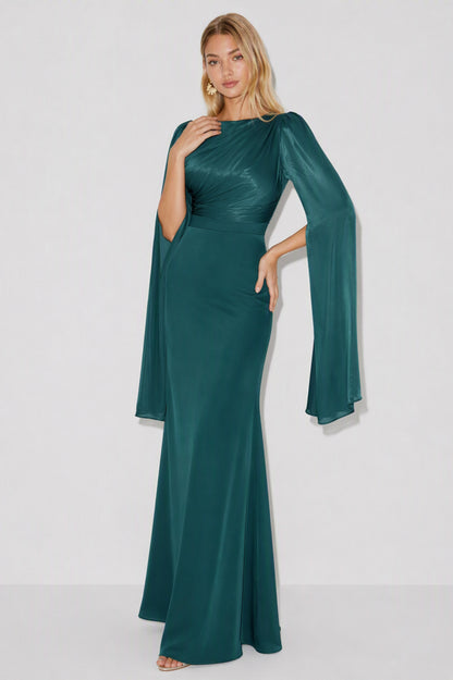 Ruched Cape Sleeve Maxi Dress