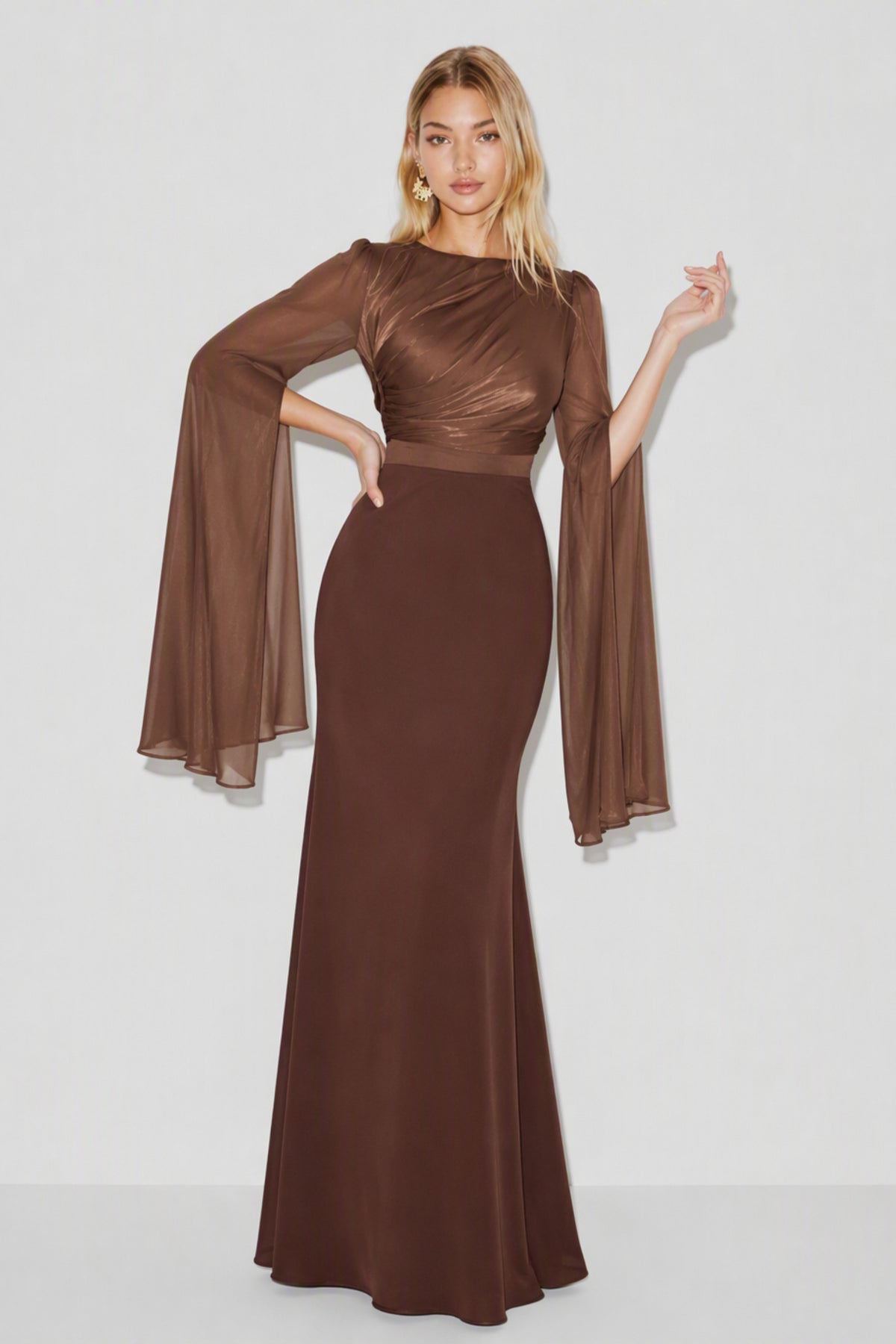 Ruched Cape Sleeve Maxi Dress