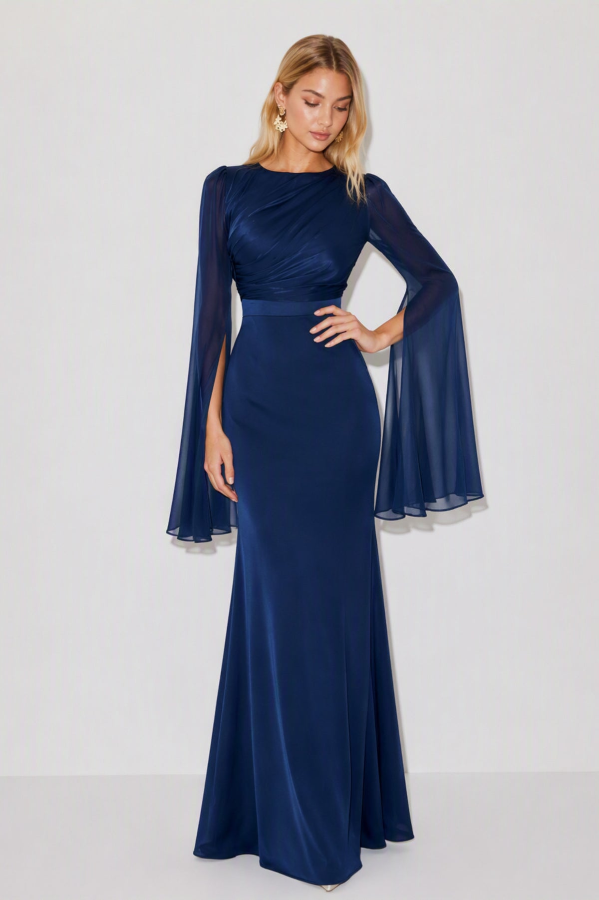Ruched Cape Sleeve Maxi Dress