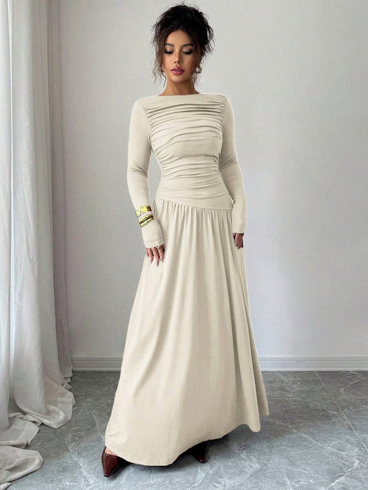 Long Sleeve Ruched Drop Waist Maxi Dress