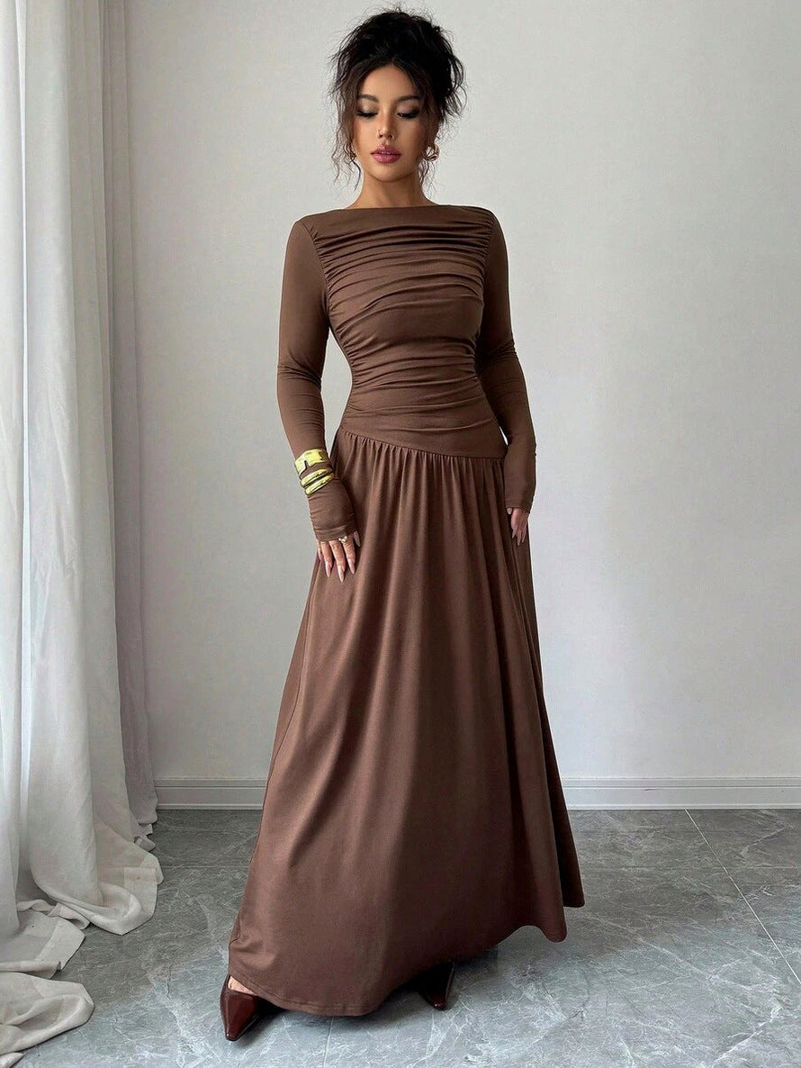 Long Sleeve Ruched Drop Waist Maxi Dress