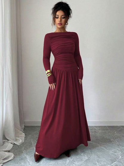 Long Sleeve Ruched Drop Waist Maxi Dress