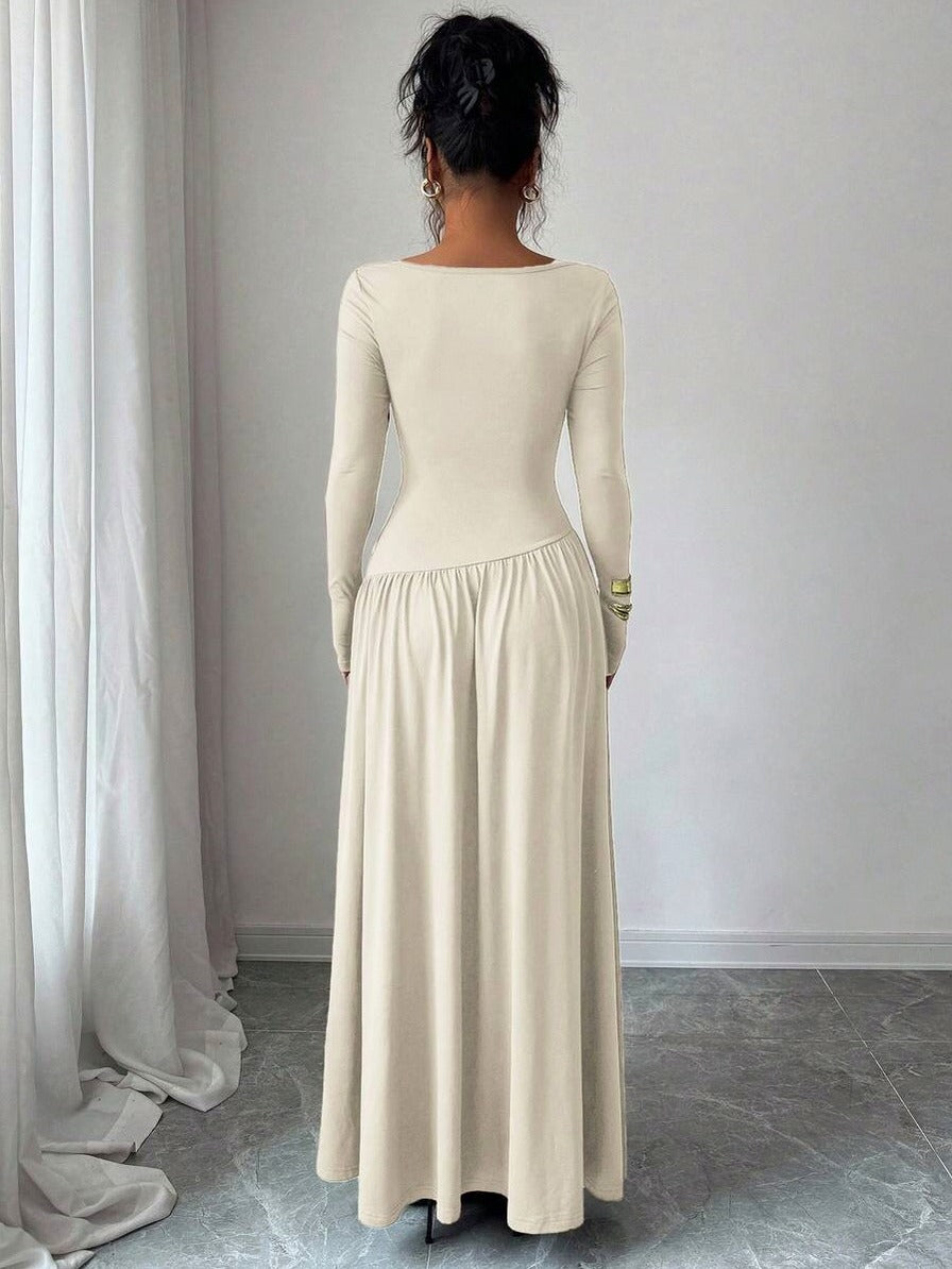 Long Sleeve Ruched Drop Waist Maxi Dress