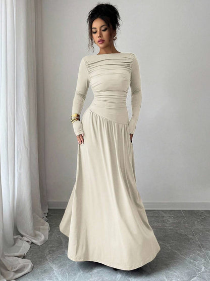 Long Sleeve Ruched Drop Waist Maxi Dress
