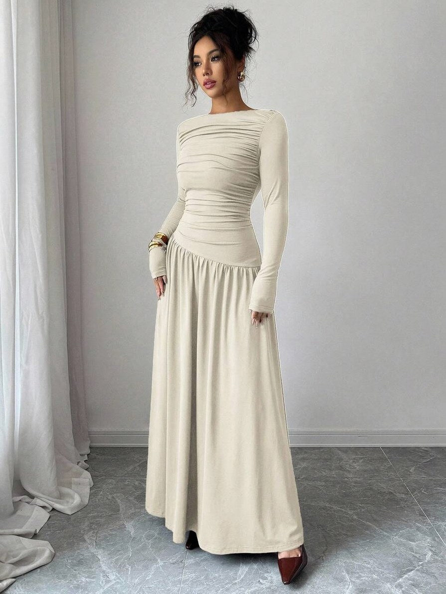 Long Sleeve Ruched Drop Waist Maxi Dress