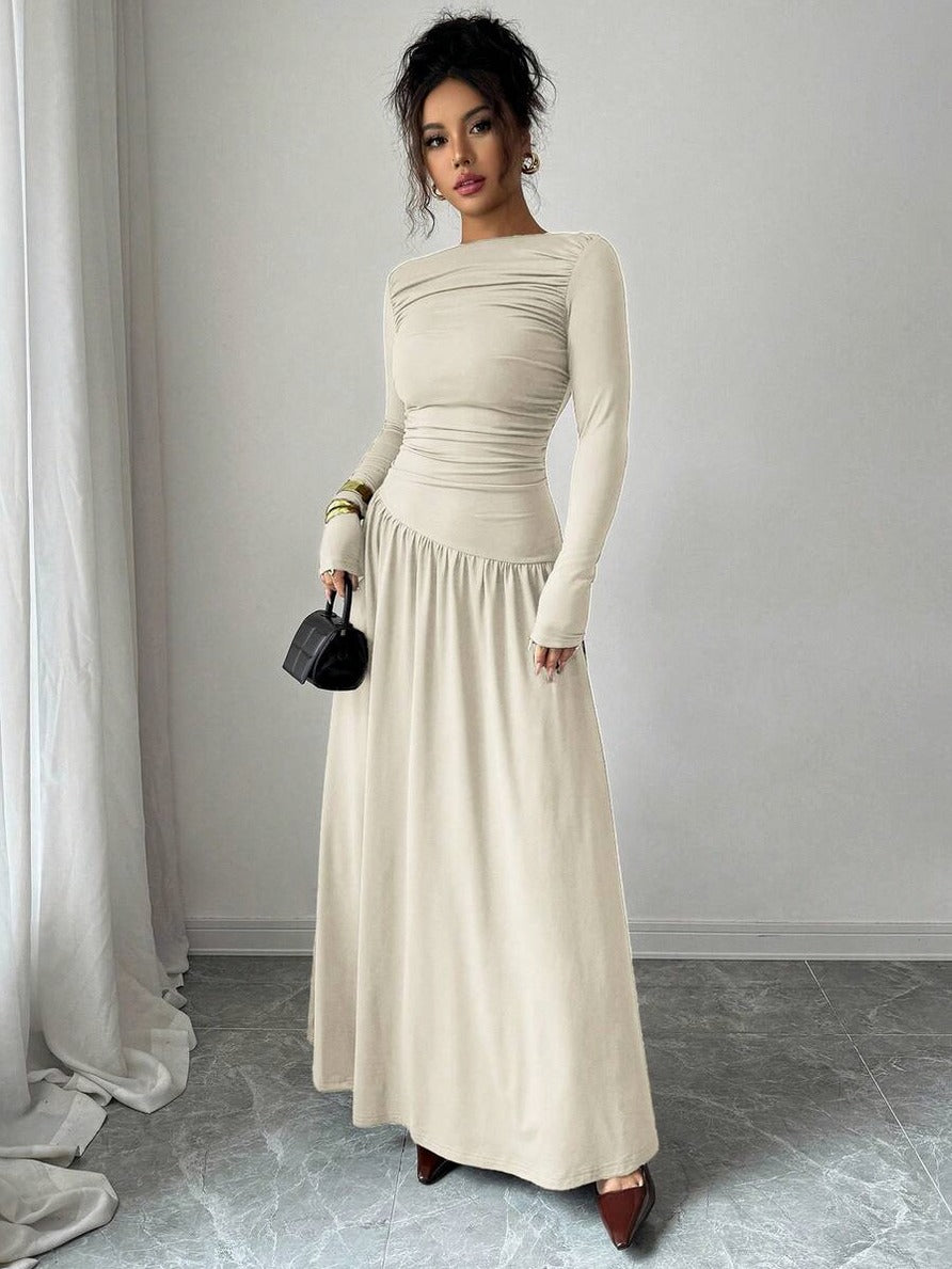 Long Sleeve Ruched Drop Waist Maxi Dress