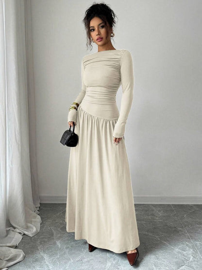 Long Sleeve Ruched Drop Waist Maxi Dress