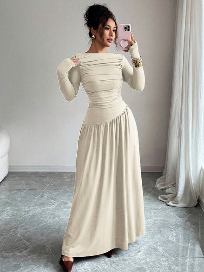 Long Sleeve Ruched Drop Waist Maxi Dress