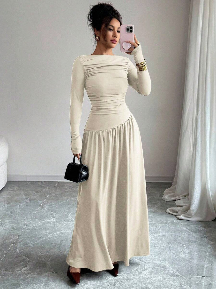 Long Sleeve Ruched Drop Waist Maxi Dress