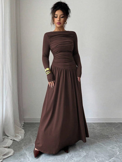Long Sleeve Ruched Drop Waist Maxi Dress