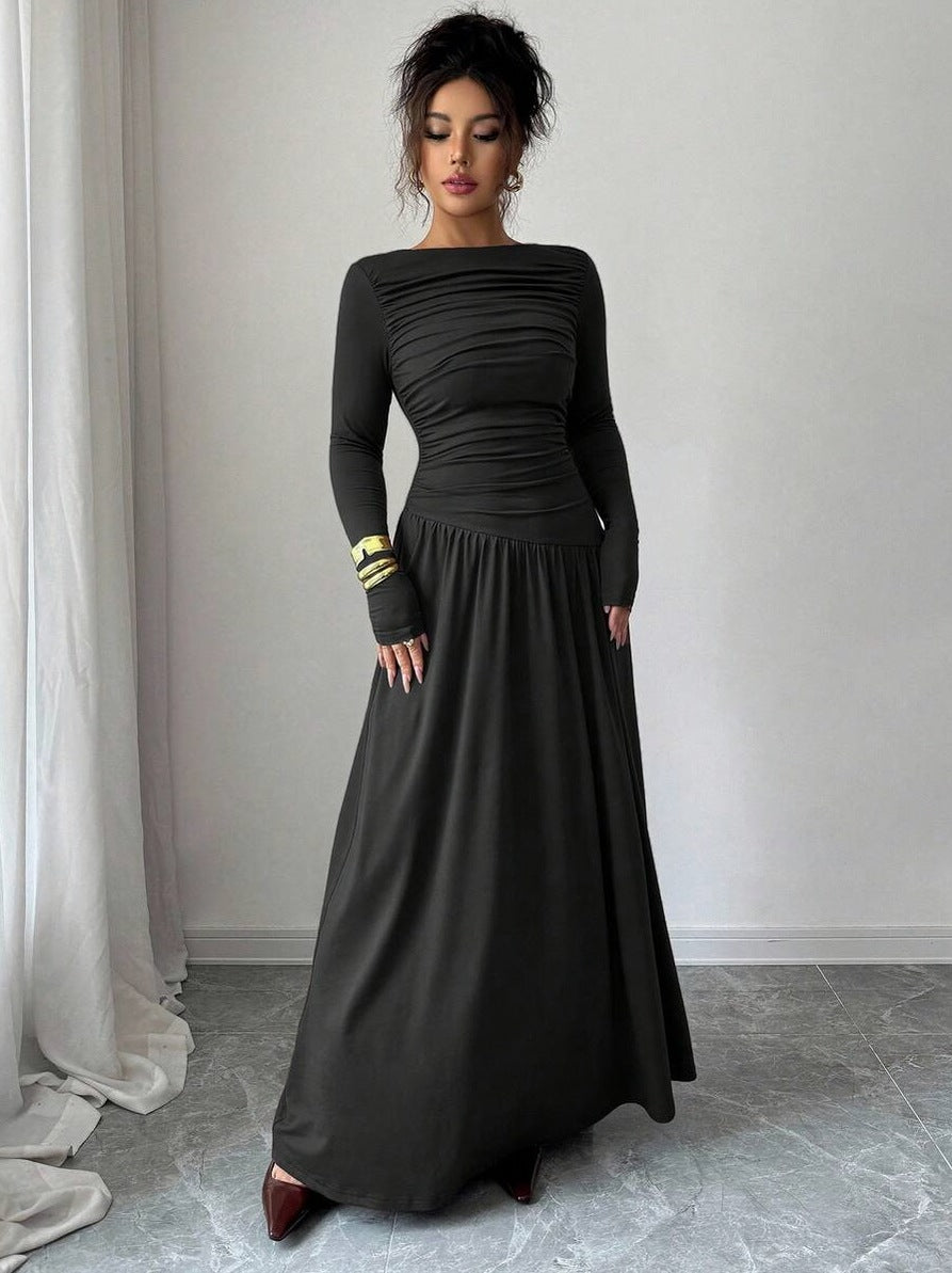 Long Sleeve Ruched Drop Waist Maxi Dress