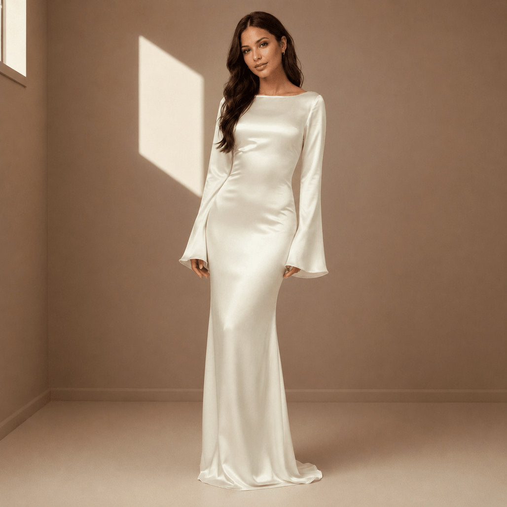 Satin Bell Long Sleeve Maxi Dress