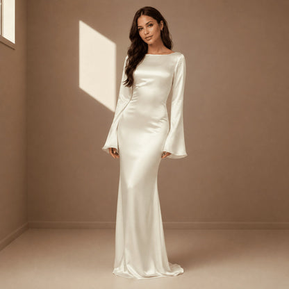 Satin Bell Long Sleeve Maxi Dress