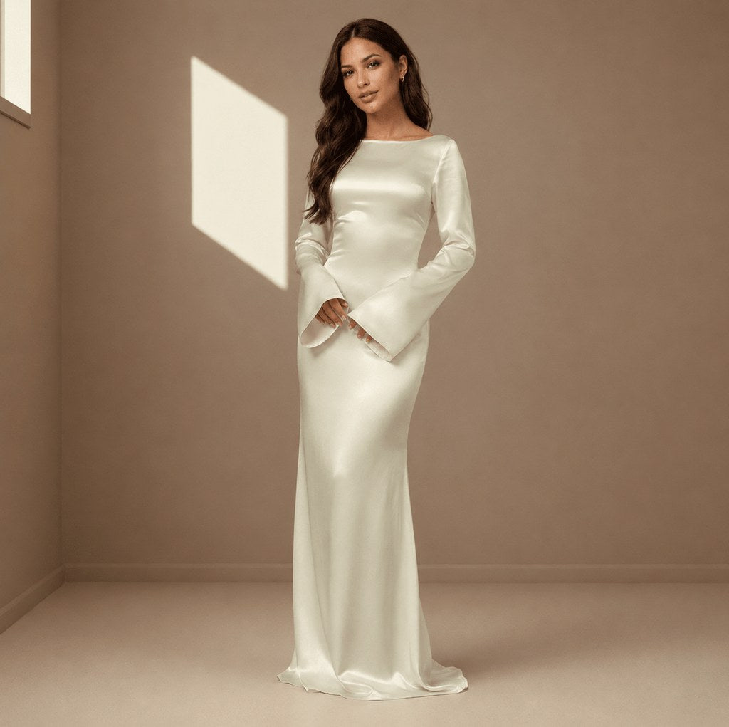 Satin Bell Long Sleeve Maxi Dress