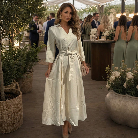 Satin Long Sleeve Collared Wrap Maxi Dress