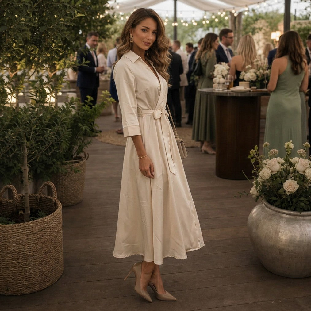 Satin Long Sleeve Collared Wrap Maxi Dress