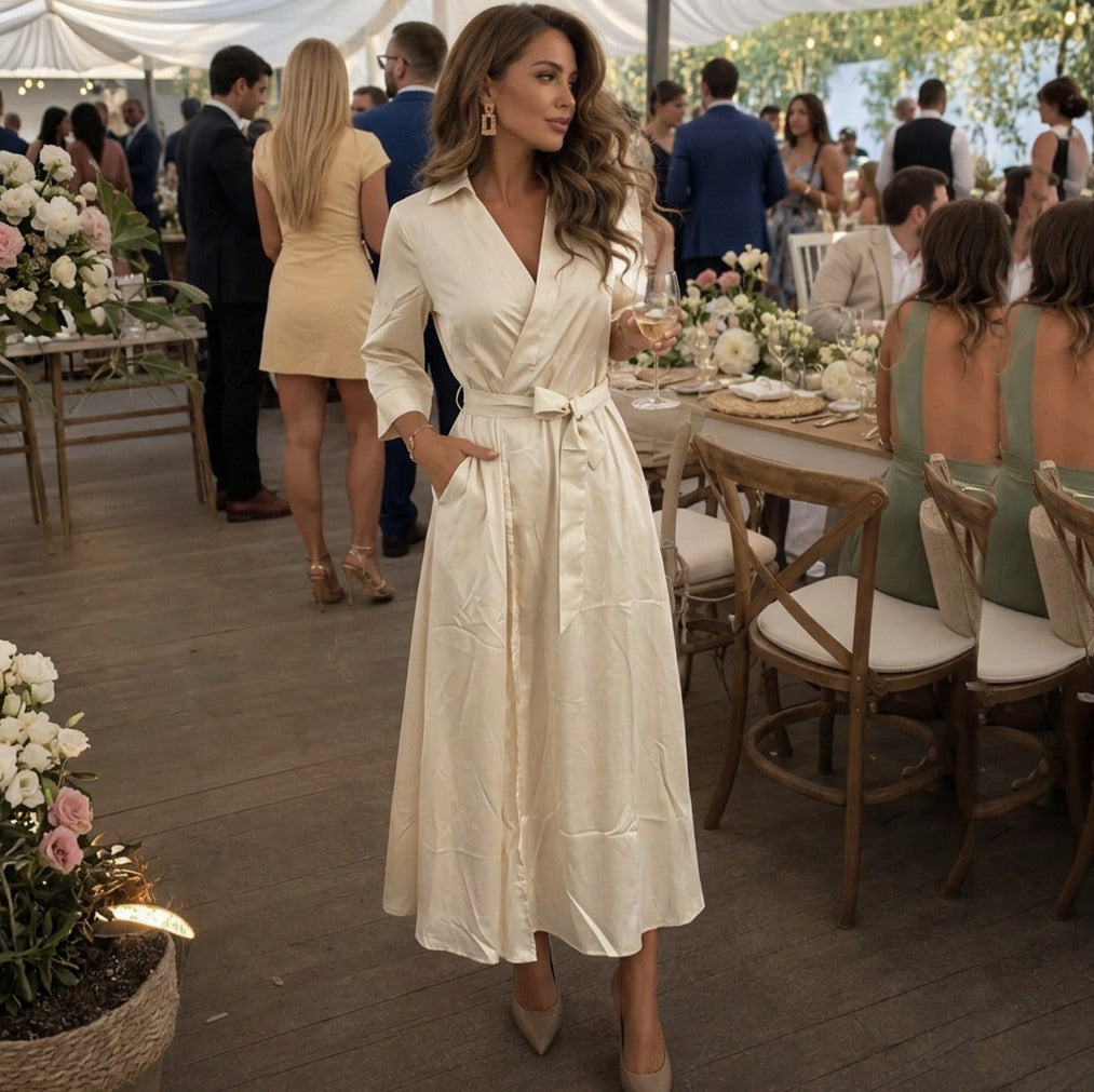 Satin Long Sleeve Collared Wrap Maxi Dress