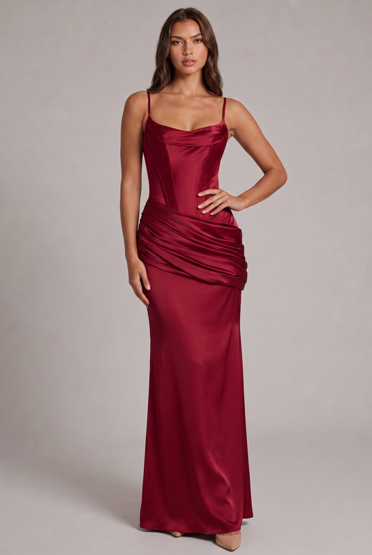 Satin Cowl Neck Corset Draped Maxi Dress