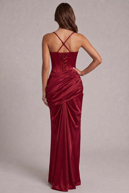 Satin Cowl Neck Corset Draped Maxi Dress