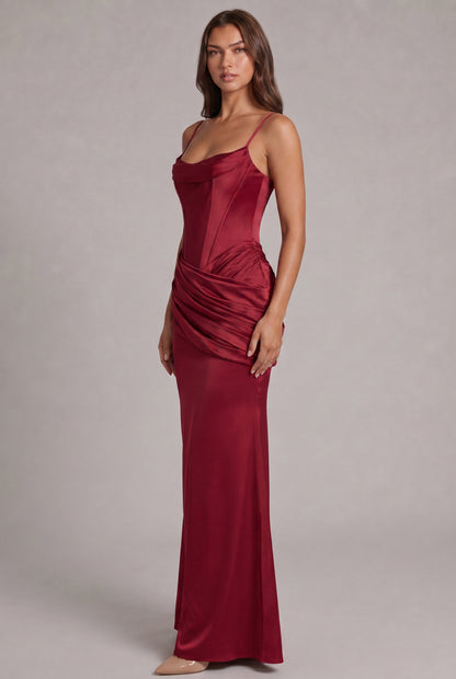 Satin Cowl Neck Corset Draped Maxi Dress