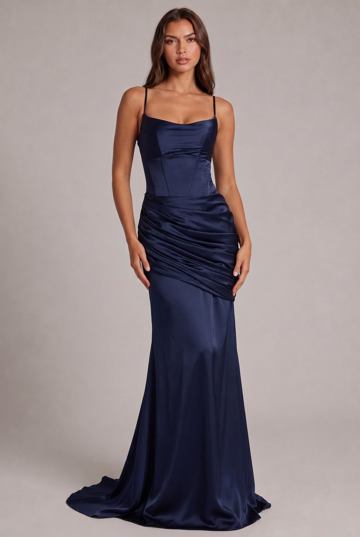 Satin Cowl Neck Corset Draped Maxi Dress