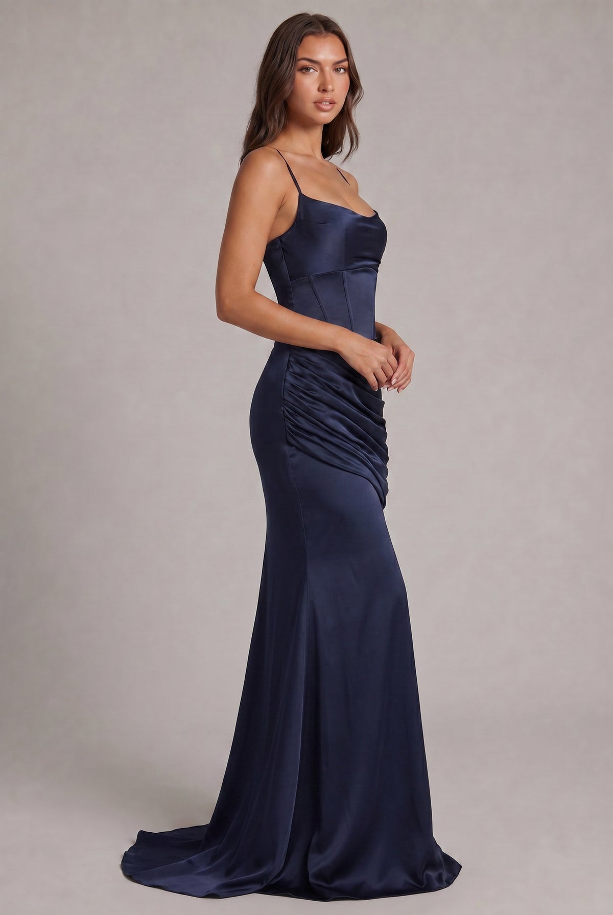 Satin Cowl Neck Corset Draped Maxi Dress