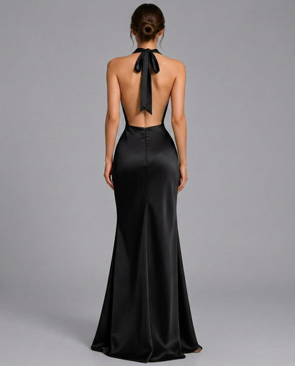 Satin Cowl Halter Maxi Dress