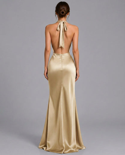 Satin Cowl Halter Maxi Dress
