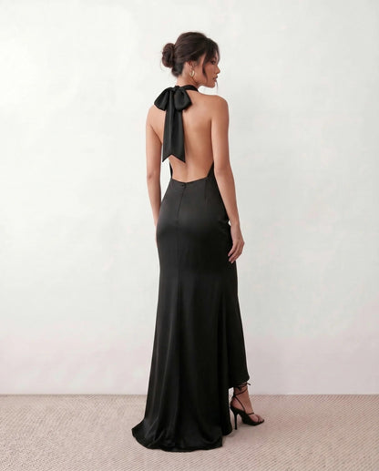 Satin Cowl Halter Maxi Dress