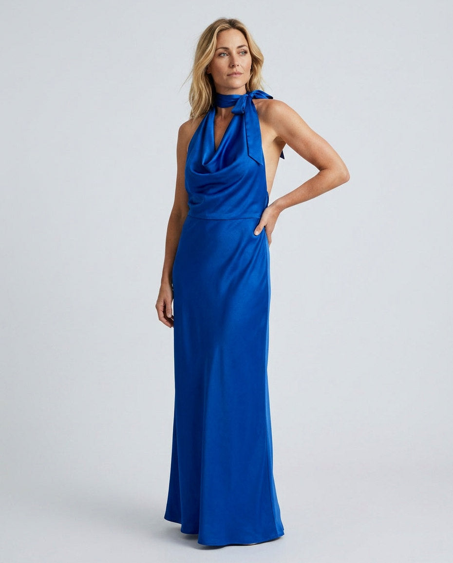 Satin Cowl Halter Maxi Dress