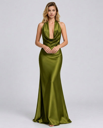 Satin Cowl Halter Maxi Dress