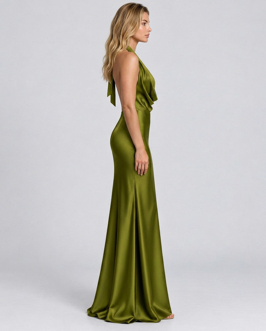 Satin Cowl Halter Maxi Dress