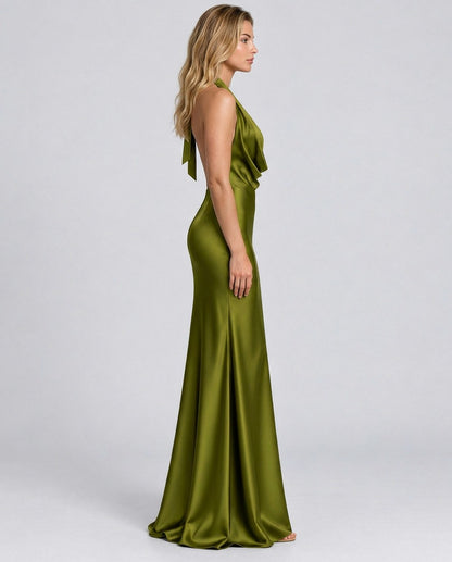 Satin Cowl Halter Maxi Dress