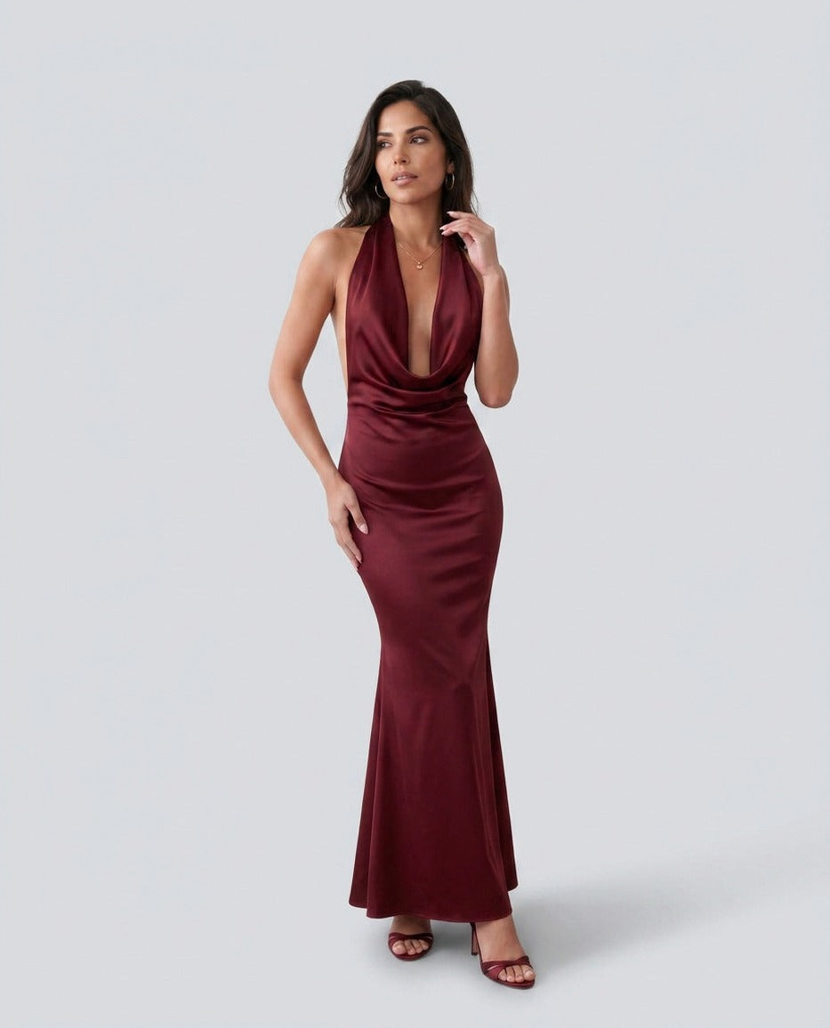 Satin Cowl Halter Maxi Dress