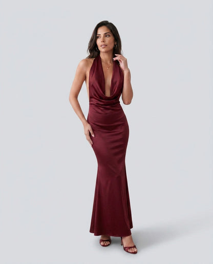 Satin Cowl Halter Maxi Dress