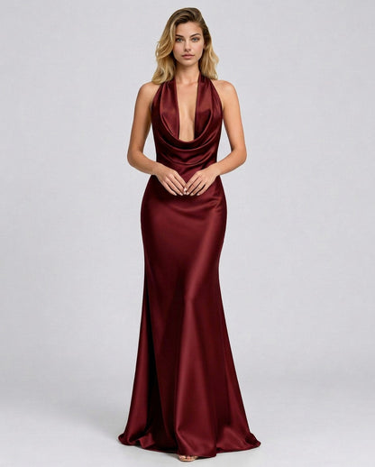 Satin Cowl Halter Maxi Dress