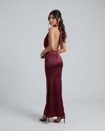 Satin Cowl Halter Maxi Dress