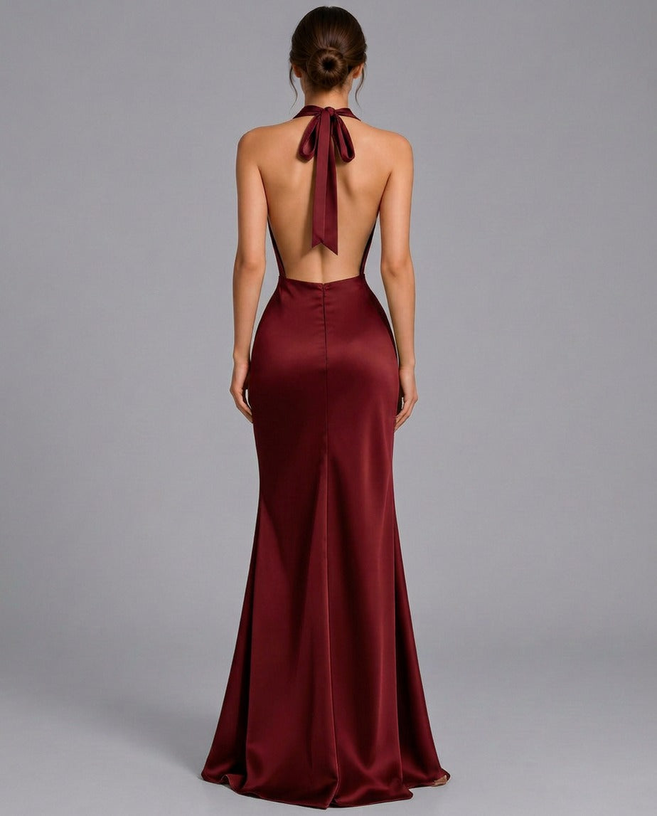 Satin Cowl Halter Maxi Dress