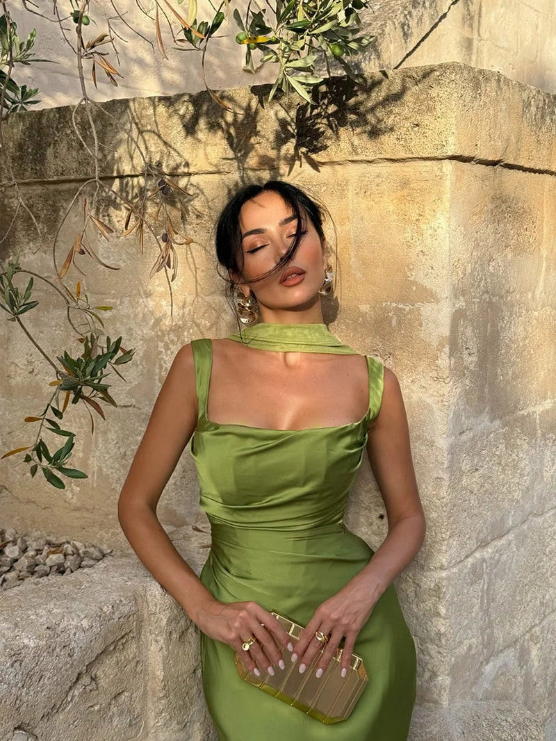 Satin Cowl Neck Midi Dress