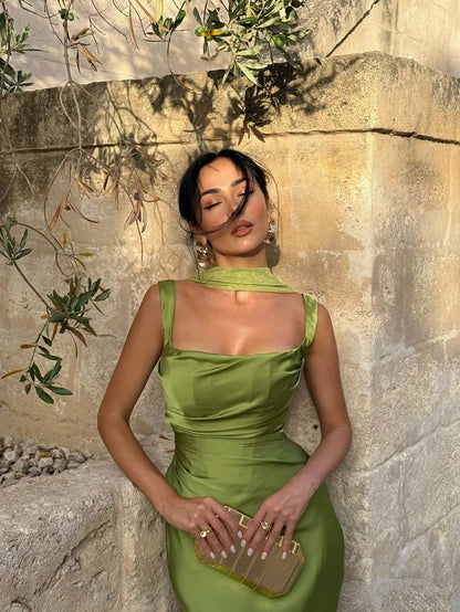 Satin Cowl Neck Midi Dress