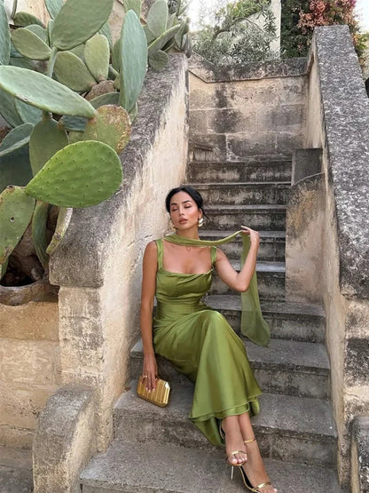 Satin Cowl Neck Midi Dress