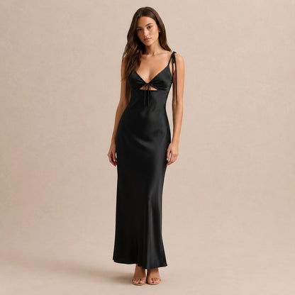 Satin Cutout Tie Front Maxi Dress