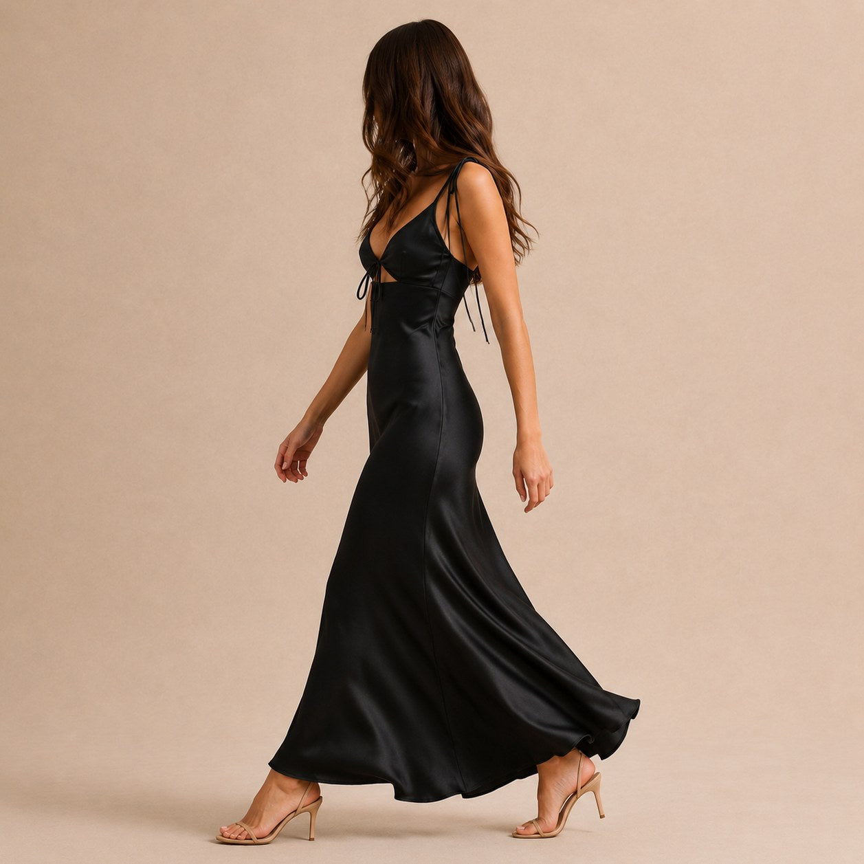 Satin Cutout Tie Front Maxi Dress