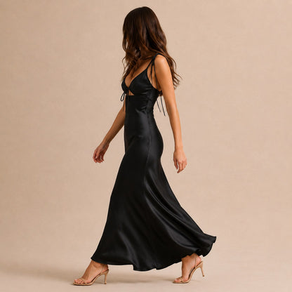 Satin Cutout Tie Front Maxi Dress