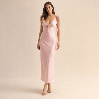Satin Cutout Tie Front Maxi Dress
