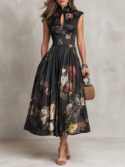 Satin Cap Sleeve Dark Floral Cutout Midi Dress