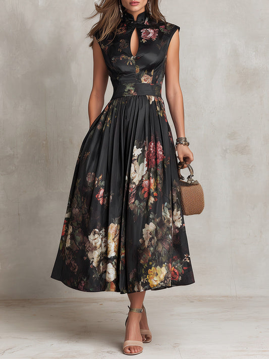 Satin Cap Sleeve Dark Floral Cutout Midi Dress