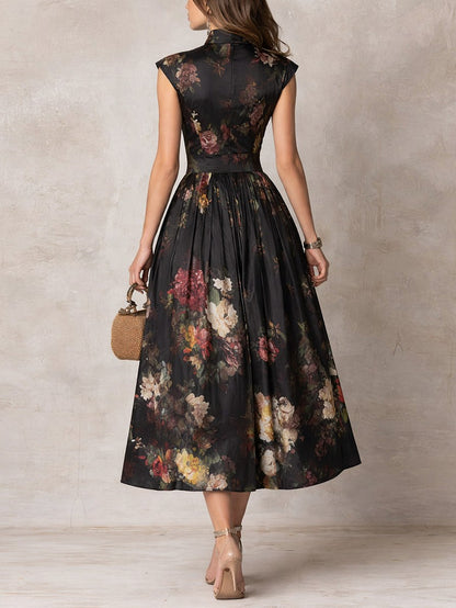 Satin Cap Sleeve Dark Floral Cutout Midi Dress