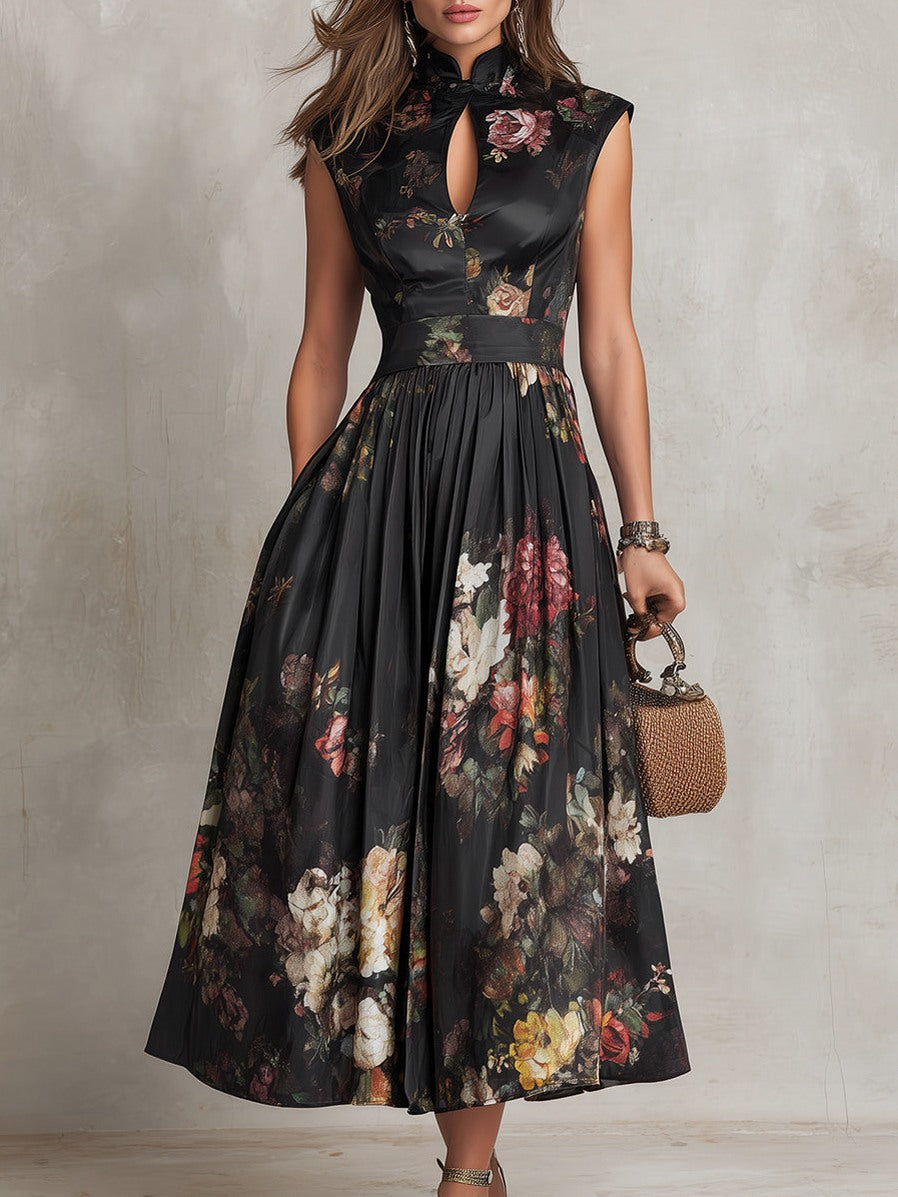 Satin Cap Sleeve Dark Floral Cutout Midi Dress